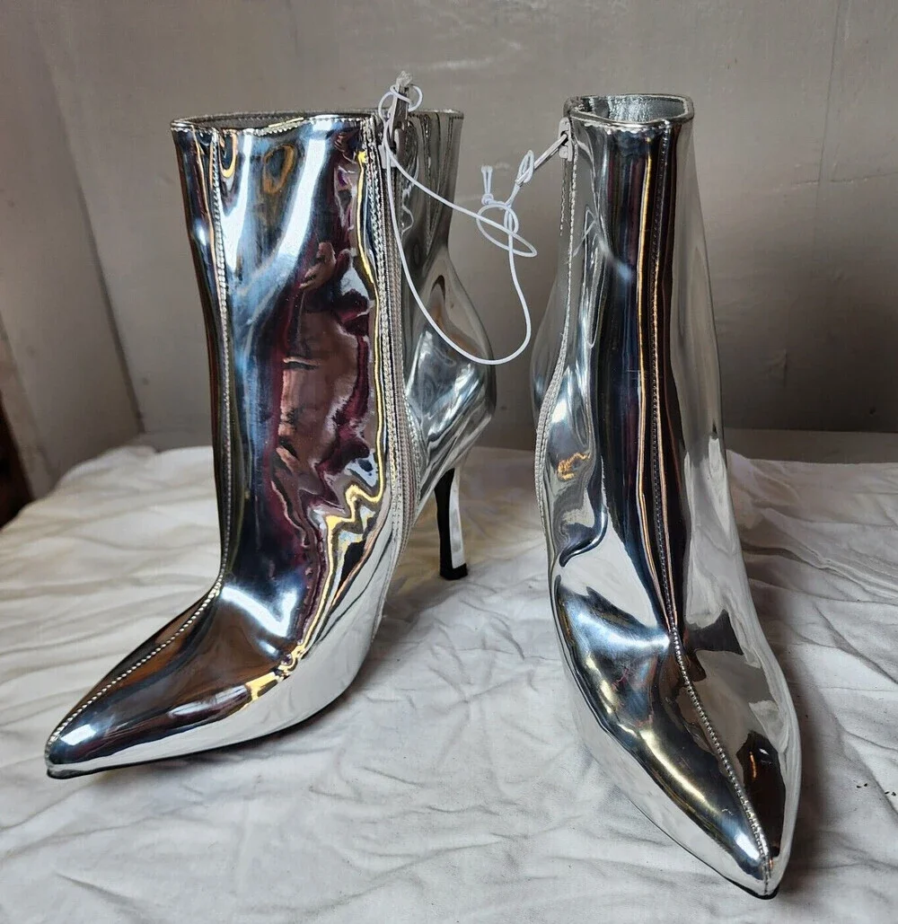 New A New Day Women High Heel Ankle Boots Silver Shiny Pointed Toe Boots Sze 6.5